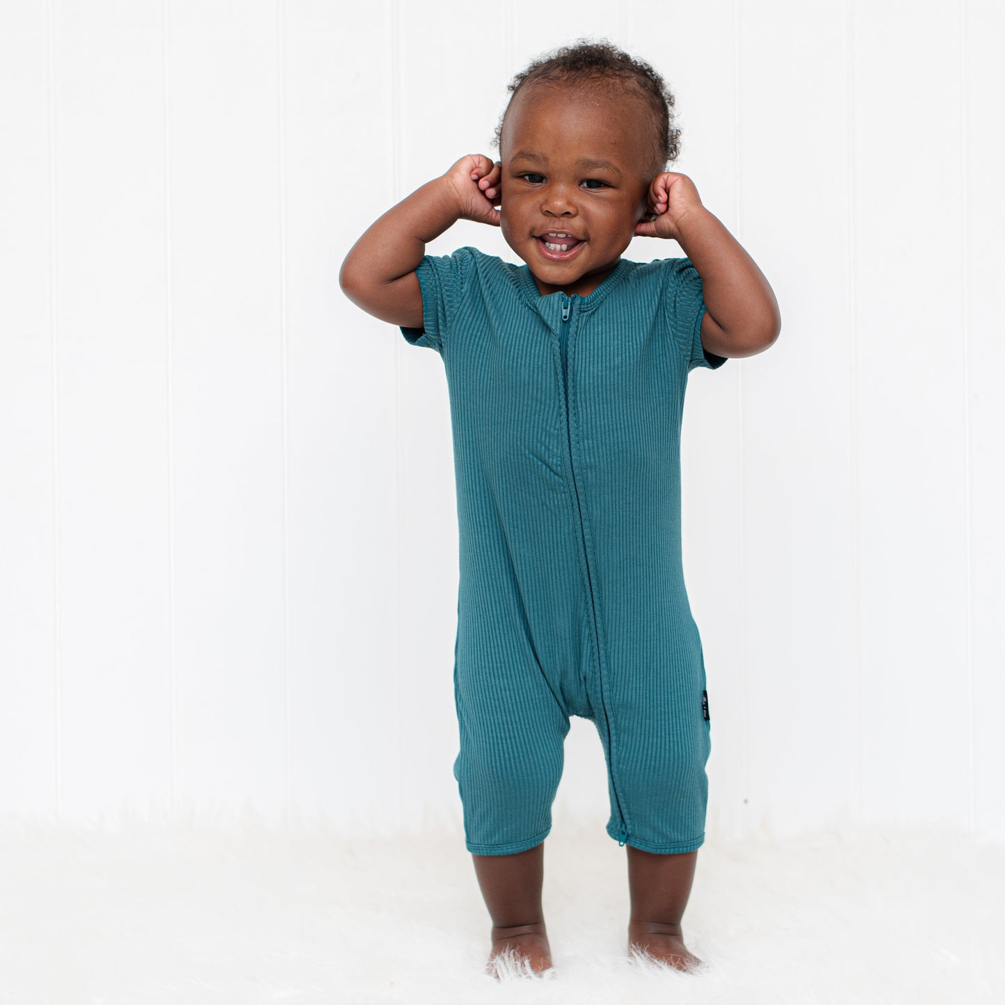 SHORTIE ZIP ROMPER - Peacock Ribbed
