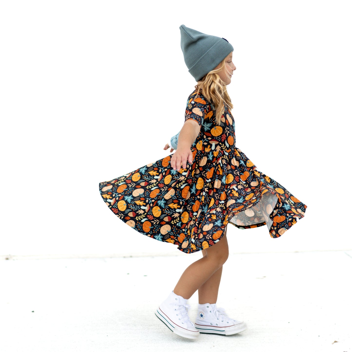 MID SLEEVE TWIRL DRESS- Pumpkin Leaves