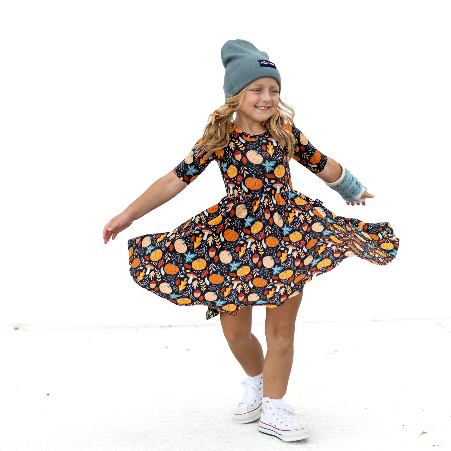 MID SLEEVE TWIRL DRESS- Pumpkin Leaves