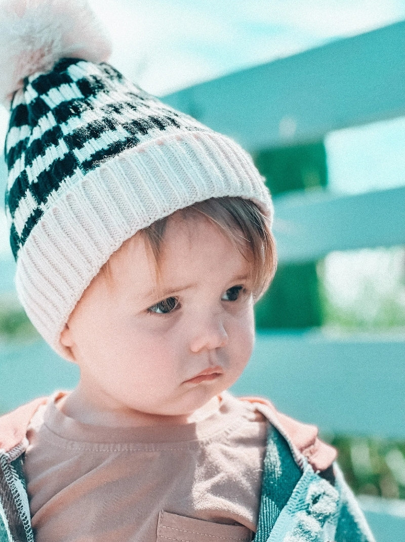 Checkered Winter Pom Pom Beanie