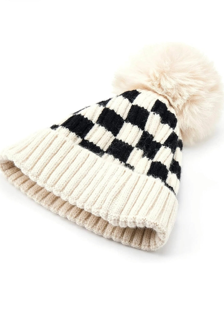 Checkered Winter Pom Pom Beanie