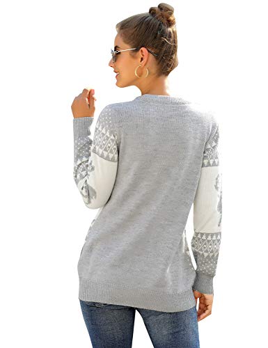 Womens Grey Long Sleeve Ugly Christmas Tree Reindeer Winter Holiday Knit Sweater