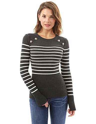 Womens Crew Neck Striped Military Sweater Ivory Black