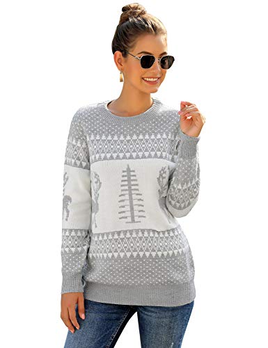 Womens Grey Long Sleeve Ugly Christmas Tree Reindeer Winter Holiday Knit Sweater