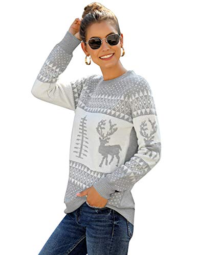 Womens Grey Long Sleeve Ugly Christmas Tree Reindeer Winter Holiday Knit Sweater