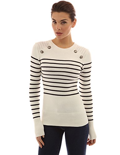 Womens Crew Neck Striped Military Sweater Ivory Black