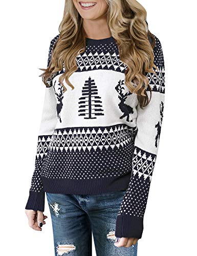 Womens Grey Long Sleeve Ugly Christmas Tree Reindeer Winter Holiday Knit Sweater