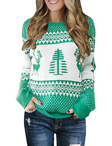 Womens Grey Long Sleeve Ugly Christmas Tree Reindeer Winter Holiday Knit Sweater