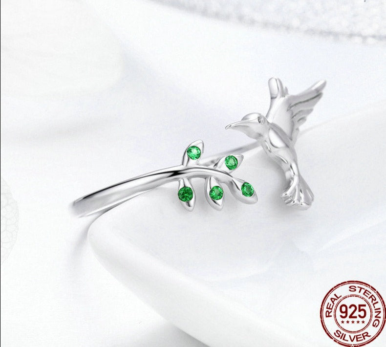 Hummingbird & Leaves 925 Sterling Silver Ring