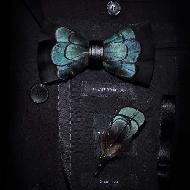 Mens Feather Brooch Bowtie Set Gift