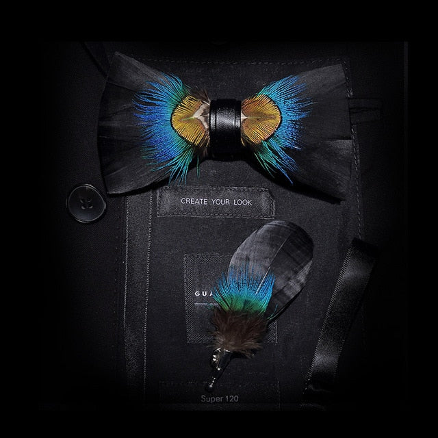 Mens Feather Brooch Bowtie Set Gift