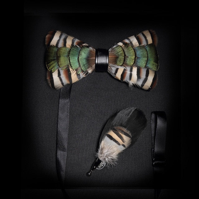 Mens Feather Brooch Bowtie Set Gift