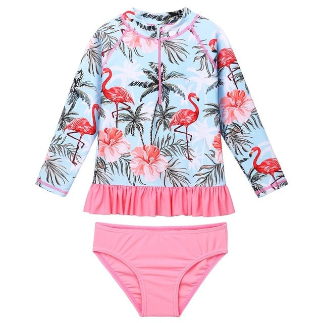 Long Sleeves Girls Swimsuit UPF50+ Flamingo Floral Ruffle