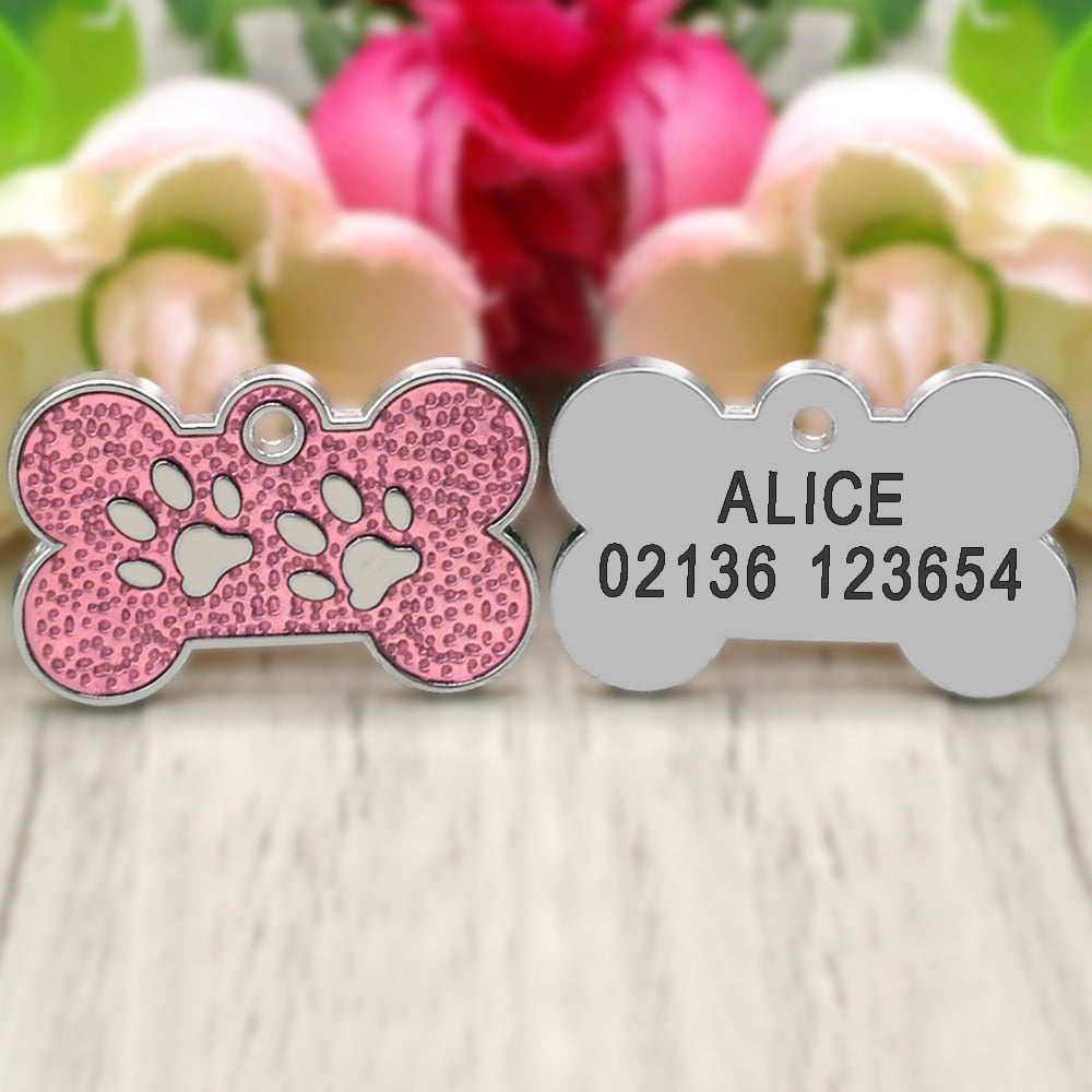 Personalized Tags Pet ID Name Collar Bone Paw Glitter