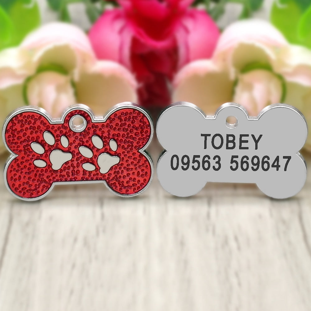 Personalized Tags Pet ID Name Collar Bone Paw Glitter