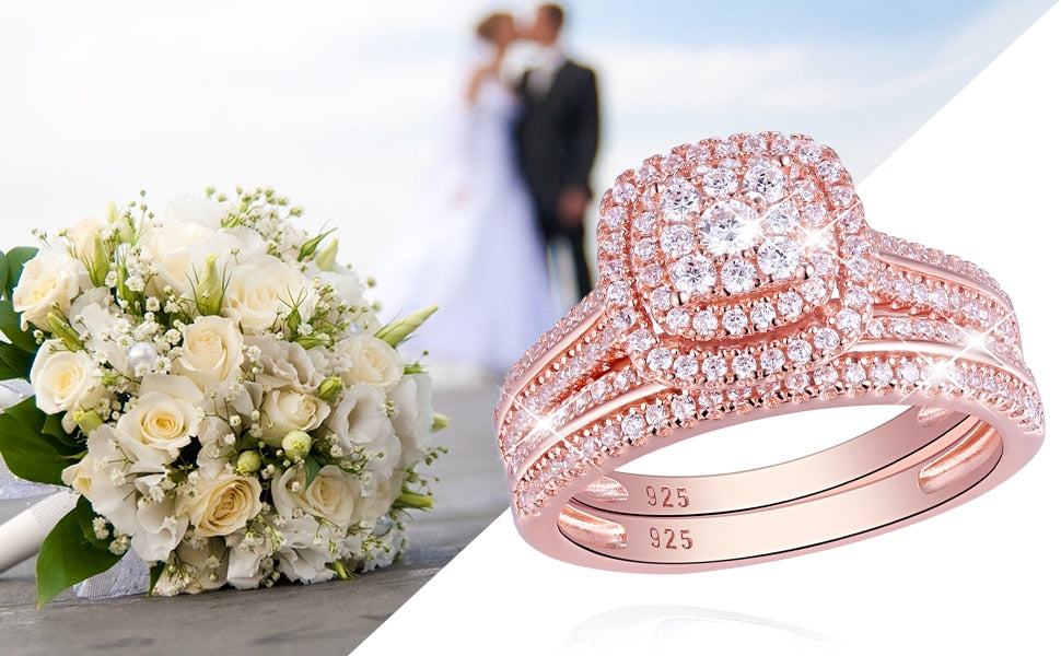2Pc Rose Gold 925 Sterling Silver Ring Bridal Set