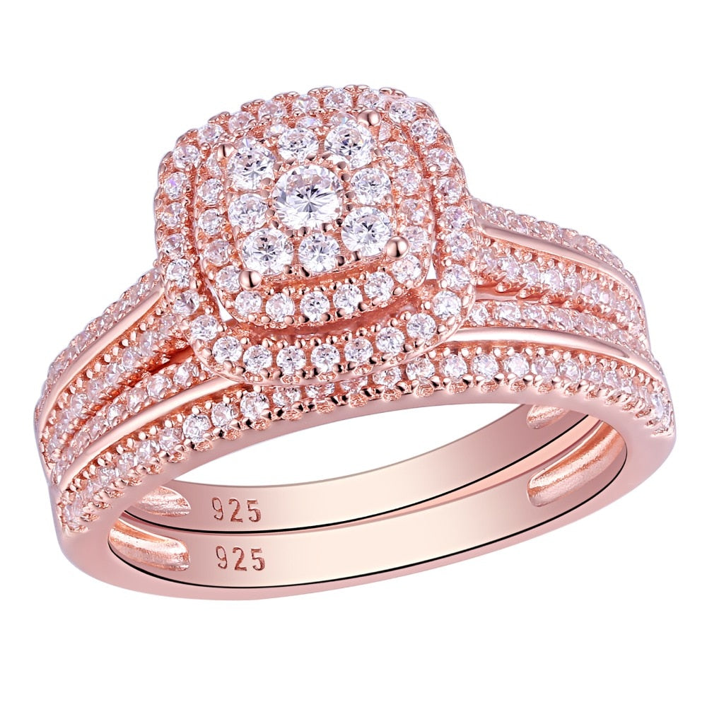 2Pc Rose Gold 925 Sterling Silver Ring Bridal Set