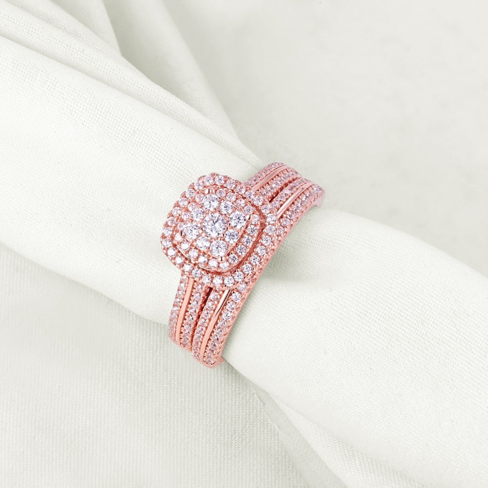 2Pc Rose Gold 925 Sterling Silver Ring Bridal Set