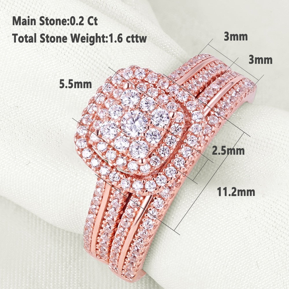 2Pc Rose Gold 925 Sterling Silver Ring Bridal Set