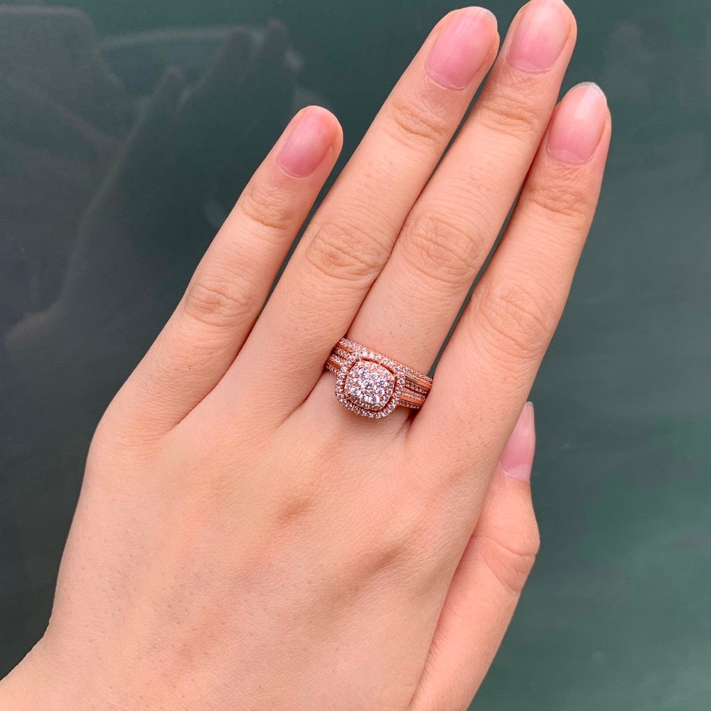 2Pc Rose Gold 925 Sterling Silver Ring Bridal Set