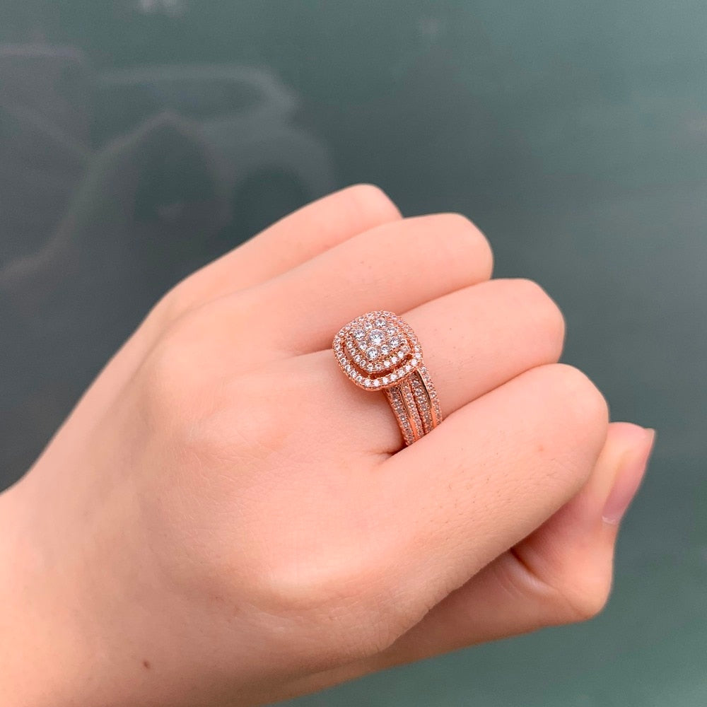 2Pc Rose Gold 925 Sterling Silver Ring Bridal Set