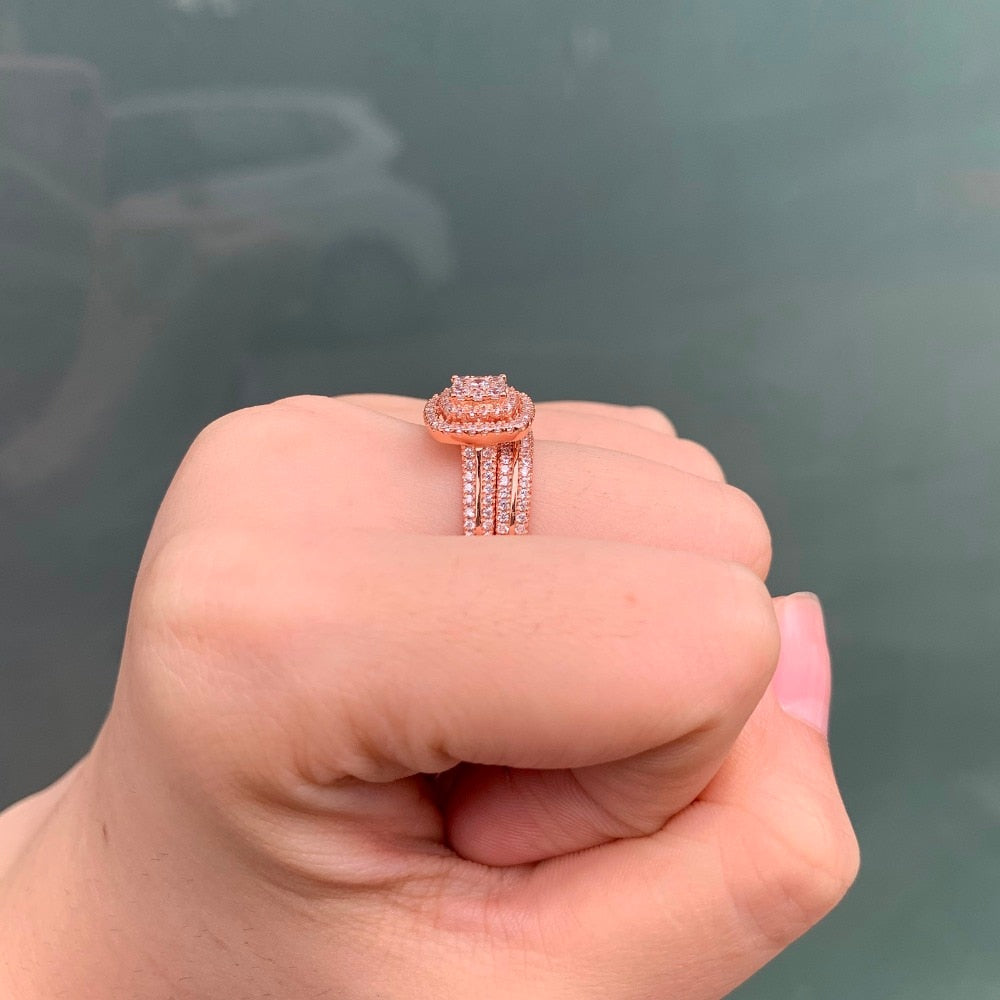 2Pc Rose Gold 925 Sterling Silver Ring Bridal Set