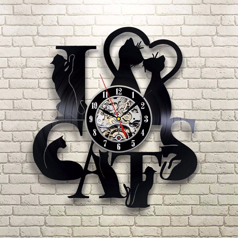 I Love Cats Record Wall Clock Vintage LED Decor