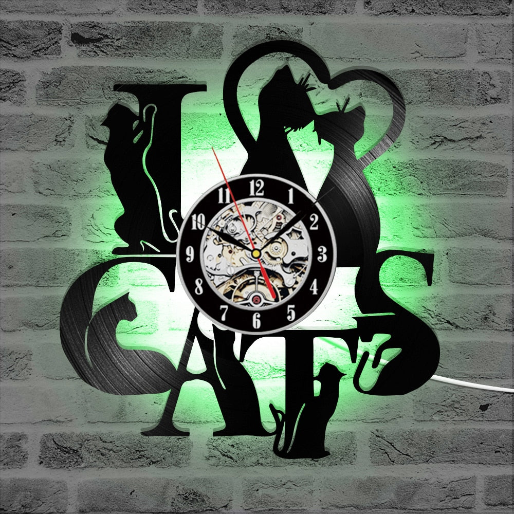 I Love Cats Record Wall Clock Vintage LED Decor