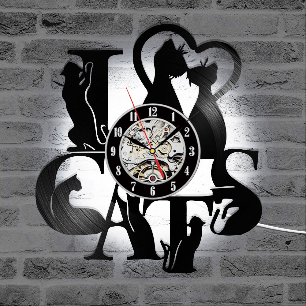 I Love Cats Record Wall Clock Vintage LED Decor