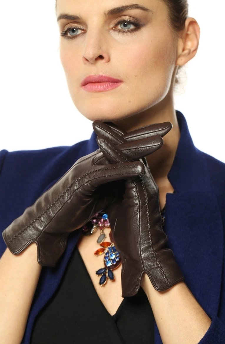Elegant Womens Genuine Lambskin Leather Gloves Plus Velvet Thermal Blue Brown Purple