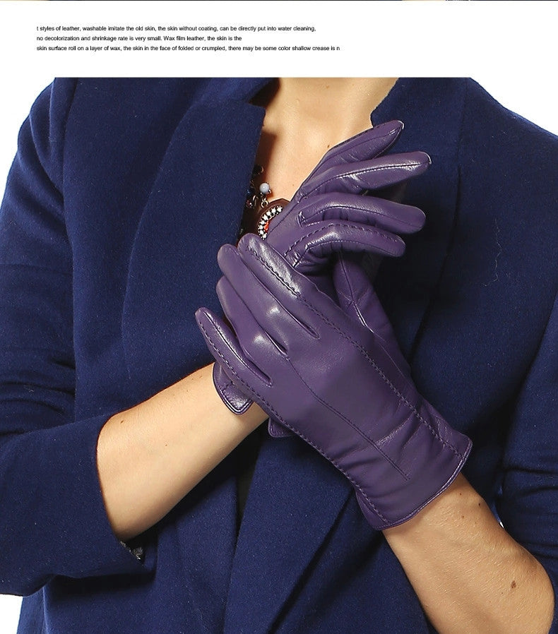 Elegant Womens Genuine Lambskin Leather Gloves Plus Velvet Thermal Blue Brown Purple
