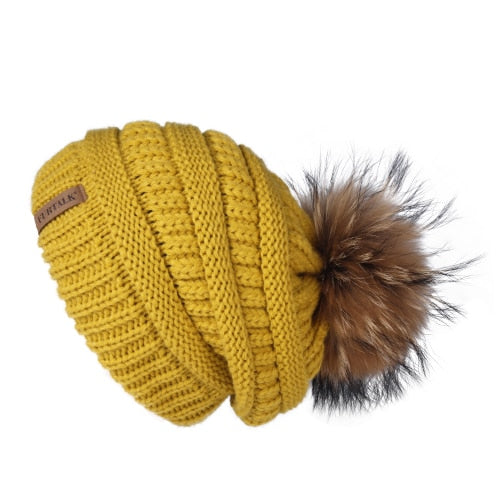 Womens Winter Fur Pompom Slouchy Knitted Hat