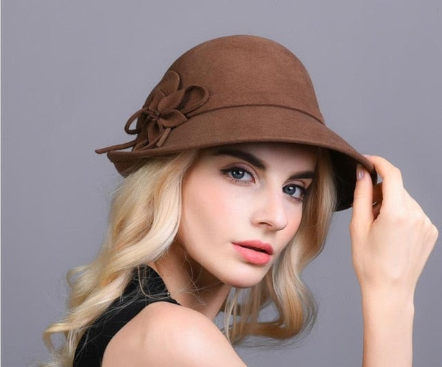 Fall Winter Party Formal Hat Flower Fashion Elegant 100% Wool Felt Fedora