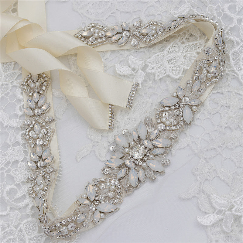 Crystal Flower Bridal Sash Pearls
