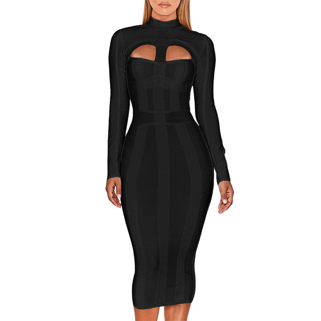 Womens White Dress High Neck Long Sleeve Party Rayon Bandage Midi Dress