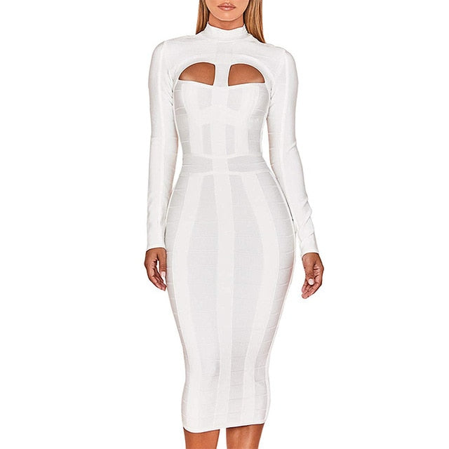 Womens White Dress High Neck Long Sleeve Party Rayon Bandage Midi Dress