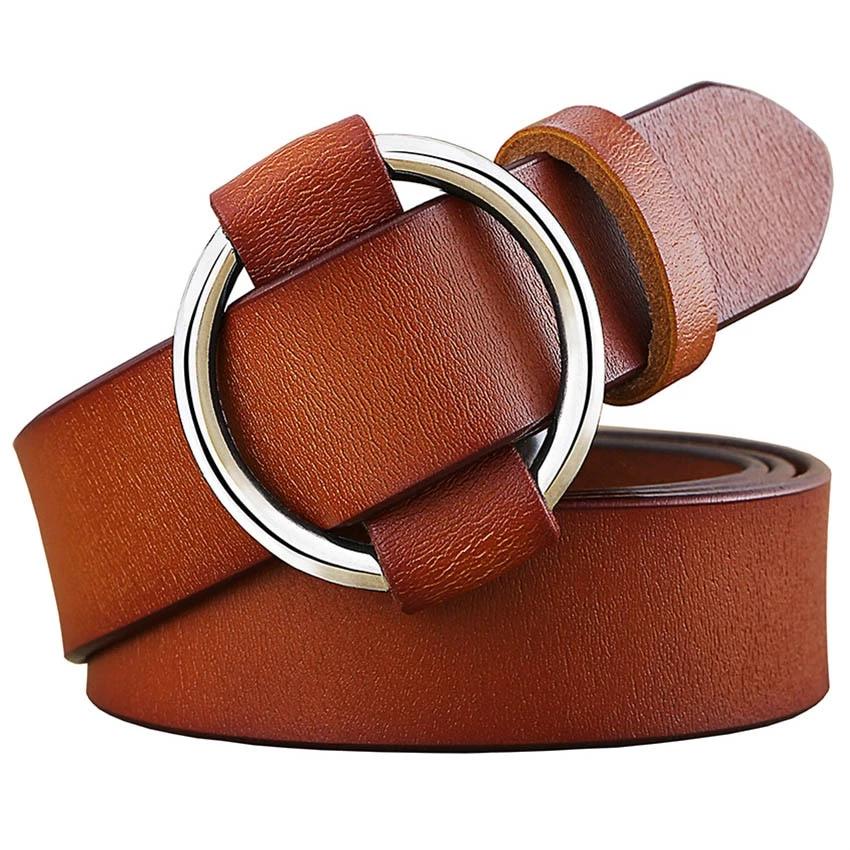 Solid Color Fashion Round Ring Buckle Belt Genuine Leather