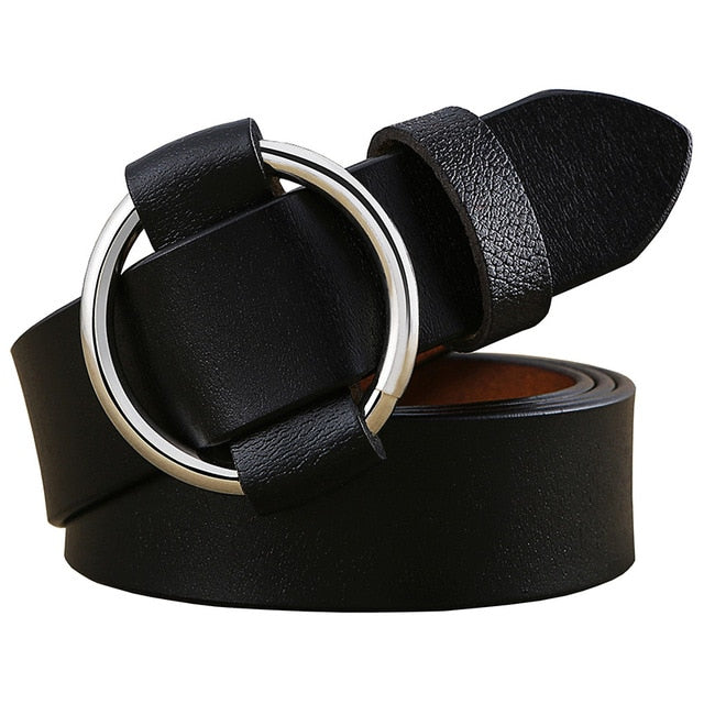 Solid Color Fashion Round Ring Buckle Belt Genuine Leather
