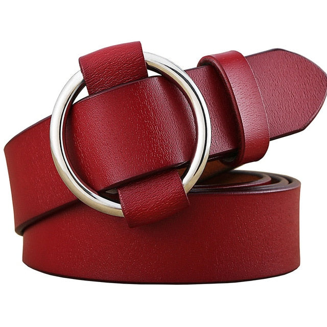 Solid Color Fashion Round Ring Buckle Belt Genuine Leather