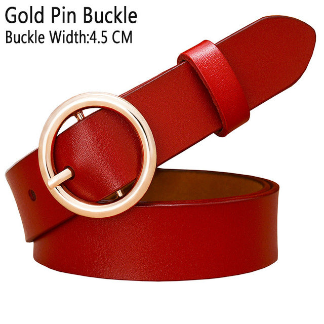 Solid Color Fashion Round Ring Buckle Belt Genuine Leather