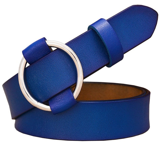 Solid Color Fashion Round Ring Buckle Belt Genuine Leather