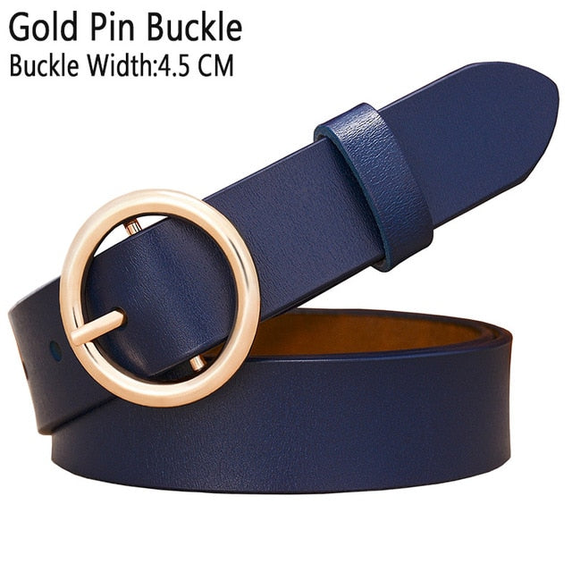 Solid Color Fashion Round Ring Buckle Belt Genuine Leather