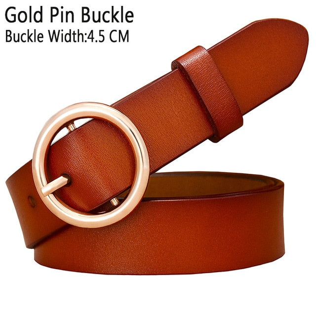 Solid Color Fashion Round Ring Buckle Belt Genuine Leather
