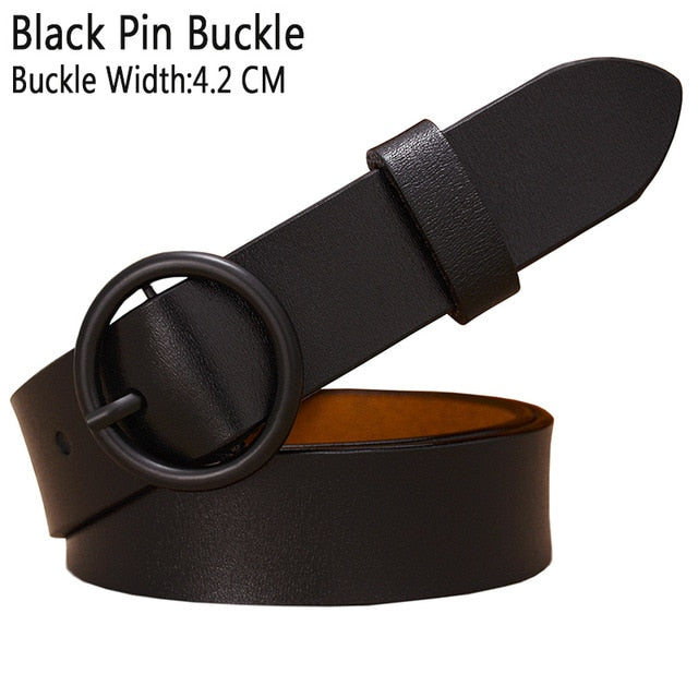 Solid Color Fashion Round Ring Buckle Belt Genuine Leather