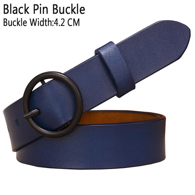 Solid Color Fashion Round Ring Buckle Belt Genuine Leather