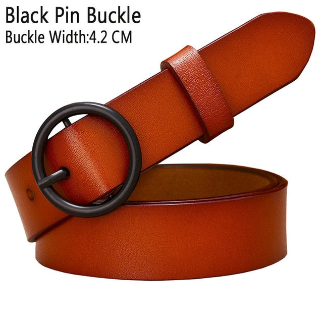 Solid Color Fashion Round Ring Buckle Belt Genuine Leather