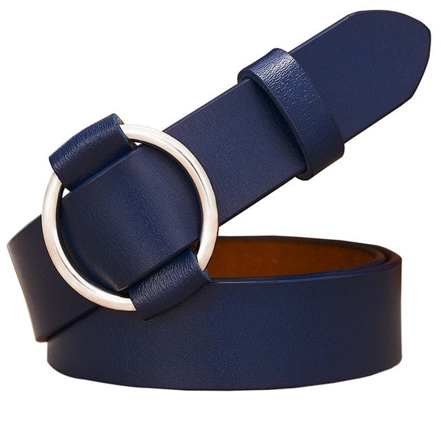 Solid Color Fashion Round Ring Buckle Belt Genuine Leather
