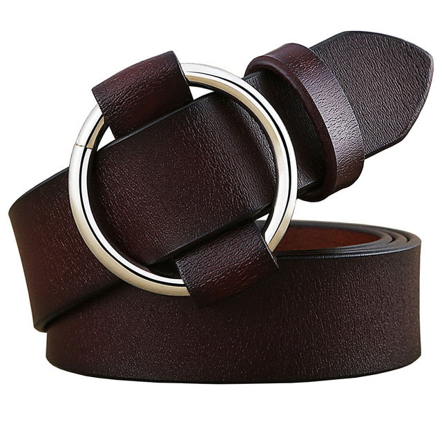 Solid Color Fashion Round Ring Buckle Belt Genuine Leather