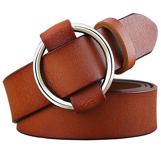 Solid Color Fashion Round Ring Buckle Belt Genuine Leather