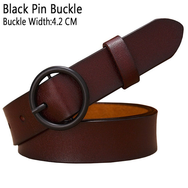 Solid Color Fashion Round Ring Buckle Belt Genuine Leather